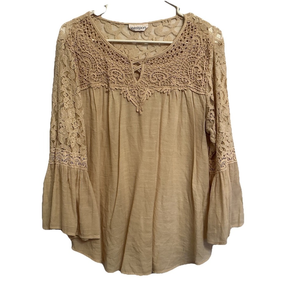Westport Women's Beige Boho Lace Crochet‎ Top Blouse, 3/4 Sleeve - Size L